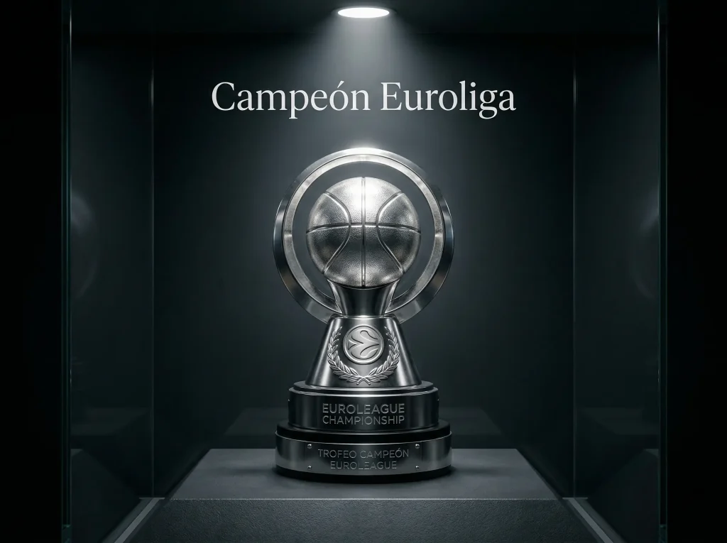 Trofeo de baloncesto europeo iluminado en una vitrina con fondo oscuro