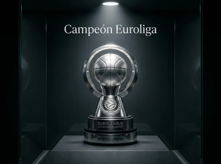 Trofeo de baloncesto europeo iluminado en una vitrina con fondo oscuro