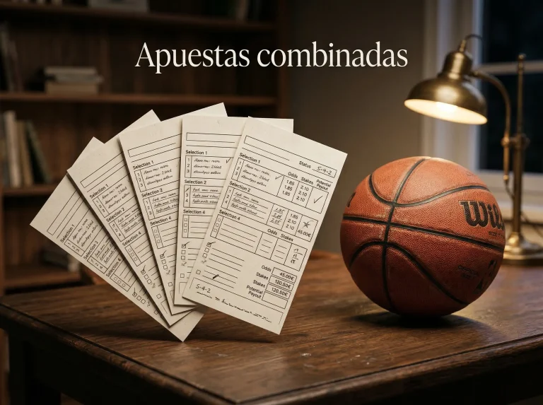 Varios boletos de apuestas deportivas junto a un balón de baloncesto sobre un escritorio