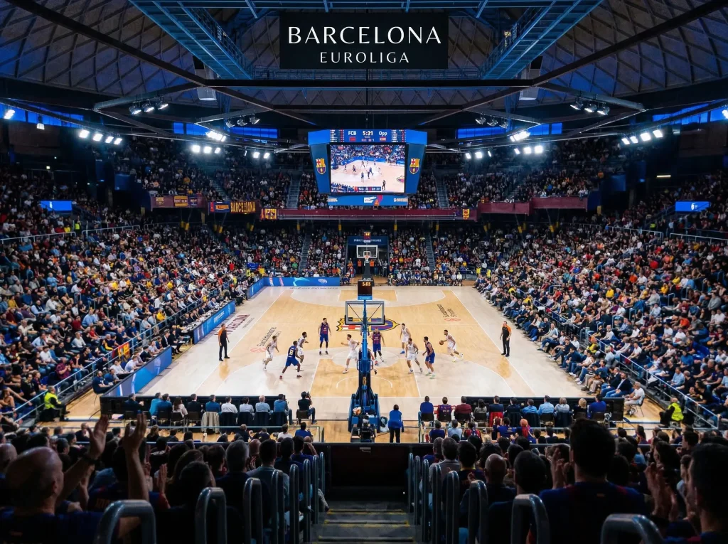 Interior del Palau Blaugrana de Barcelona durante un partido nocturno de baloncesto europeo