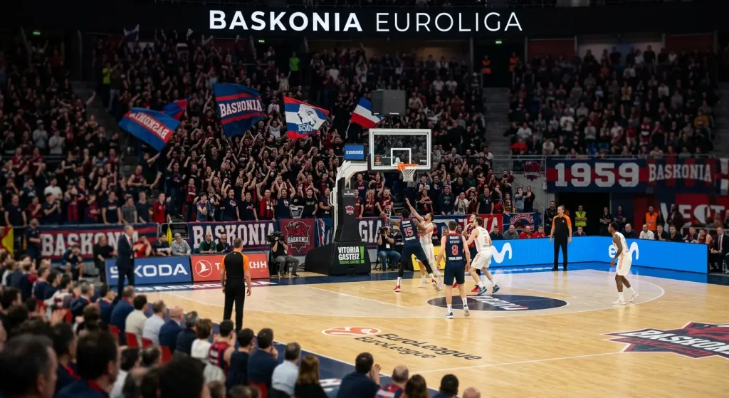 Pabellón de baloncesto en Vitoria-Gasteiz con ambiente de partido europeo nocturno