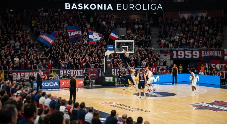 Pabellón de baloncesto en Vitoria-Gasteiz con ambiente de partido europeo nocturno