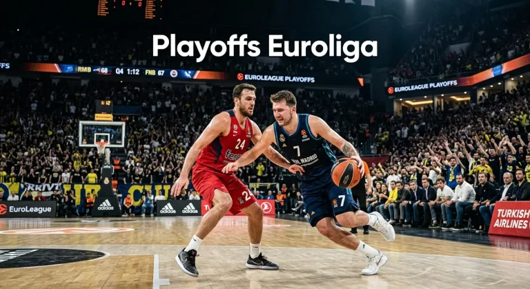 Jugadores de baloncesto en un pabellón abarrotado durante un partido eliminatorio de Euroliga