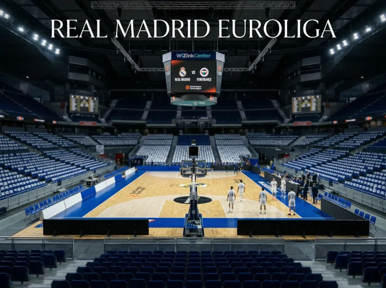 Cancha de baloncesto vista desde las gradas con el parqué reluciente de un pabellón cubierto en Madrid