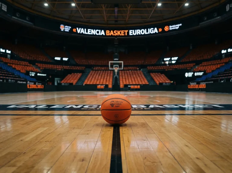 Balón de baloncesto sobre una cancha de parqué con iluminación de pabellón en Valencia