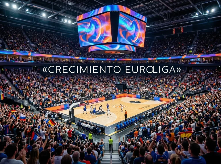 Pabellón de baloncesto moderno lleno de espectadores durante un partido de Euroliga con pantallas gigantes