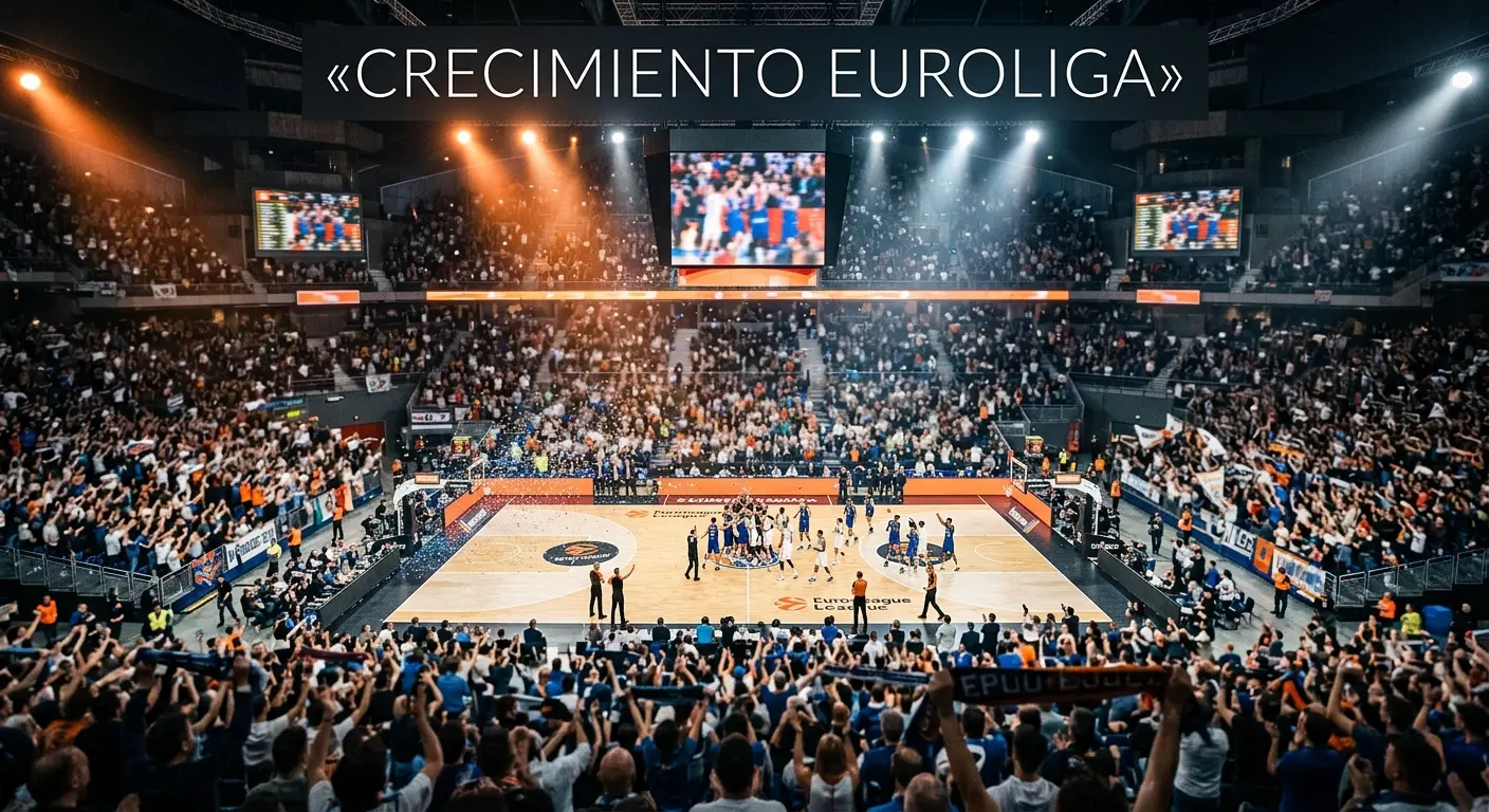 Grada repleta de aficionados en un pabellon de Euroliga con banderas y animacion durante la Final Four