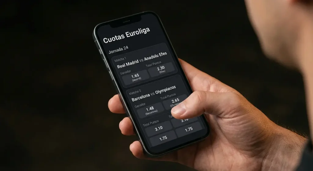 Pantalla de móvil mostrando cuotas decimales de un partido de baloncesto europeo