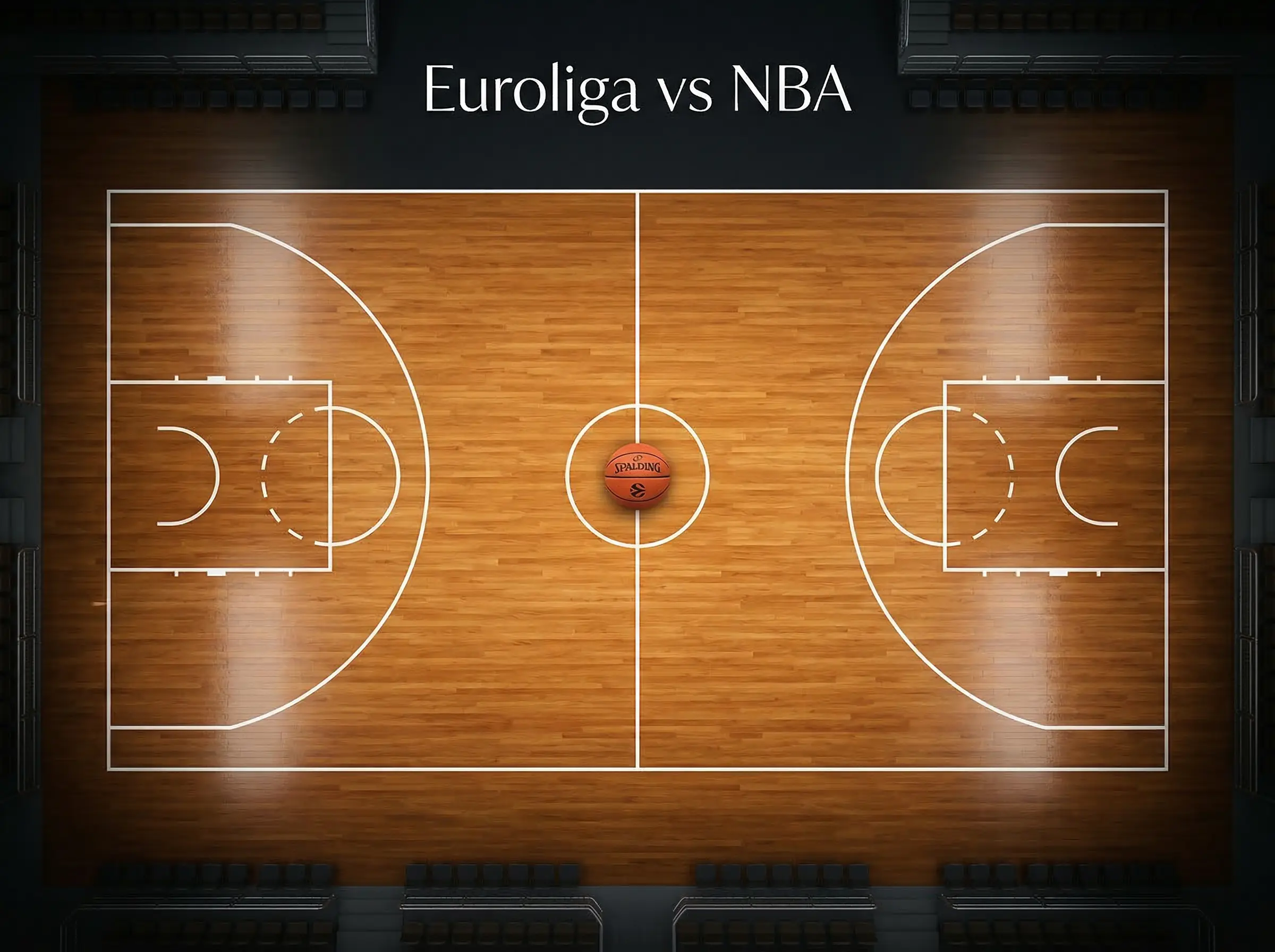 Cancha de baloncesto con reglas FIBA mostrando la linea de tres puntos y las dimensiones del campo europeo
