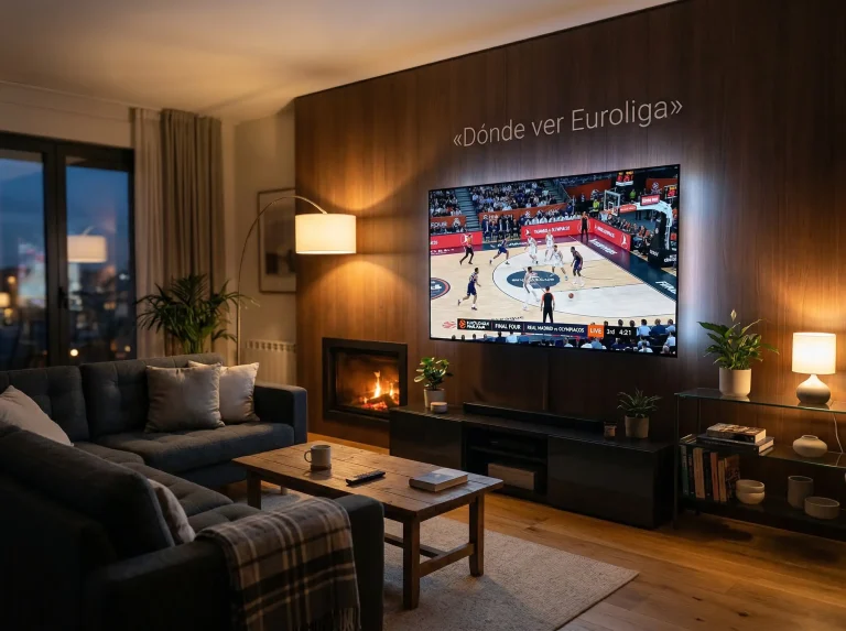 Televisor encendido mostrando un partido de baloncesto europeo en un salón con ambiente nocturno