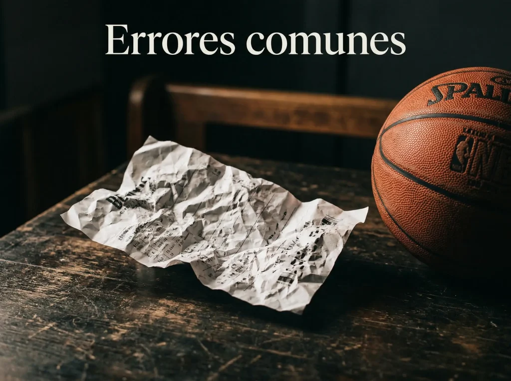 Boleto de apuestas arrugado junto a un balón de baloncesto sobre una mesa oscura