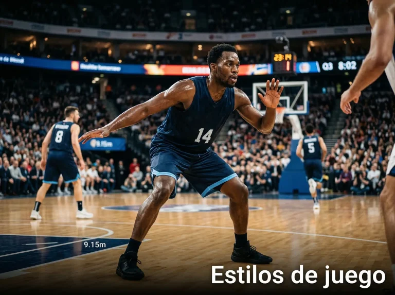 Jugador de baloncesto en posición defensiva durante un partido táctico de Euroliga
