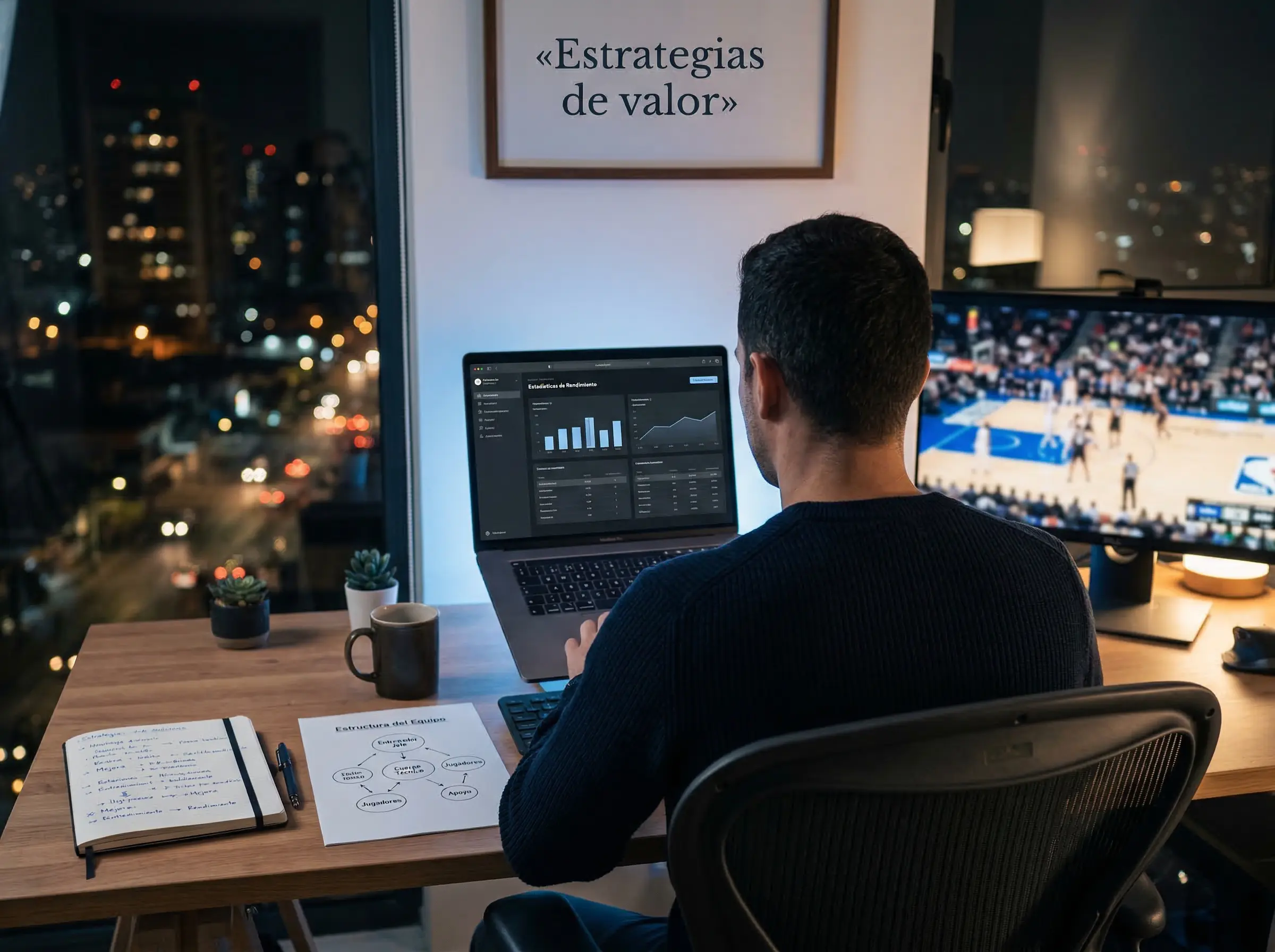 Analista revisando estadisticas de baloncesto europeo en un portatil con graficos de rendimiento de equipos