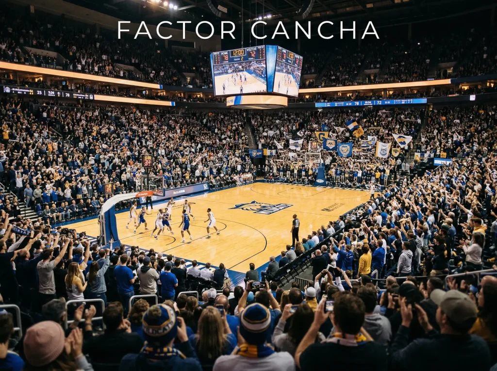 Pabellón de baloncesto europeo lleno de aficionados animando durante un partido de Euroliga