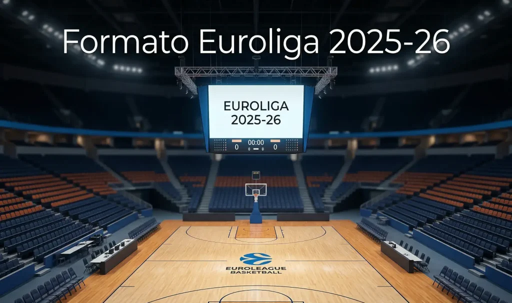 Cancha de baloncesto vacía preparada para un partido de Euroliga con marcador electrónico visible