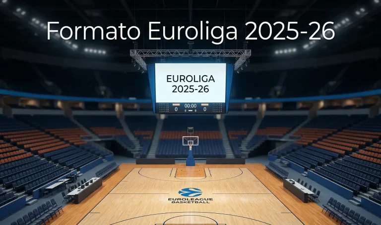 Cancha de baloncesto vacía preparada para un partido de Euroliga con marcador electrónico visible