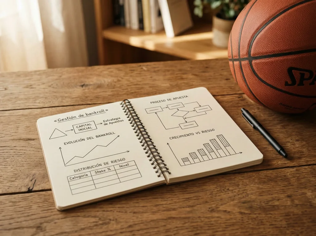 Libreta de anotaciones con gráficos de gestión junto a un balón de baloncesto sobre un escritorio