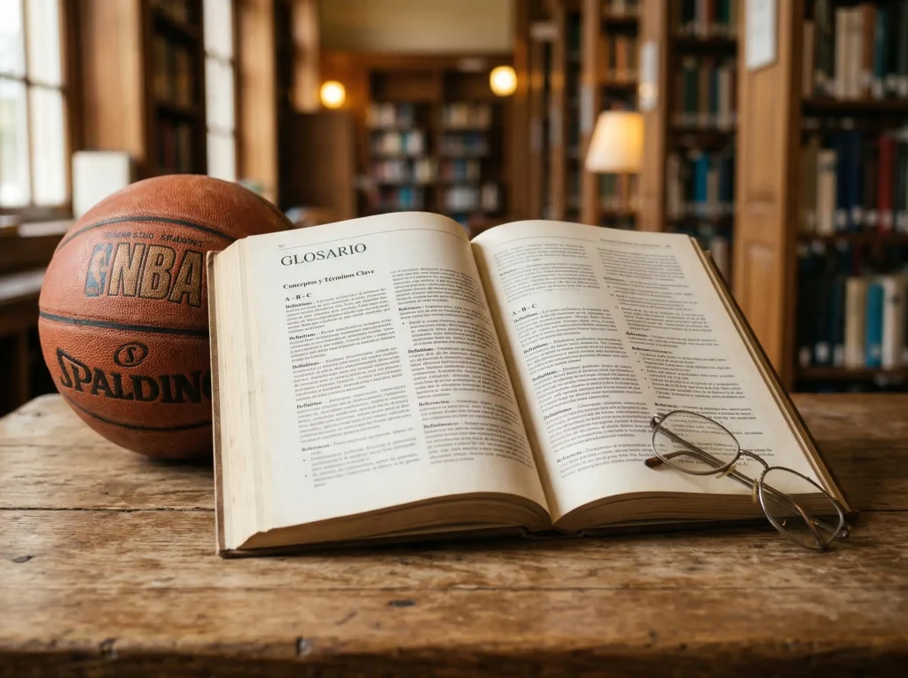 Libro abierto con terminología deportiva junto a un balón de baloncesto en una biblioteca