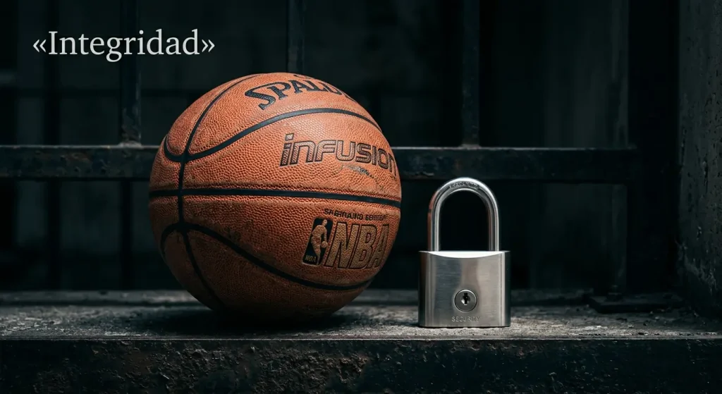 Balón de baloncesto junto a un candado de seguridad sobre una superficie oscura
