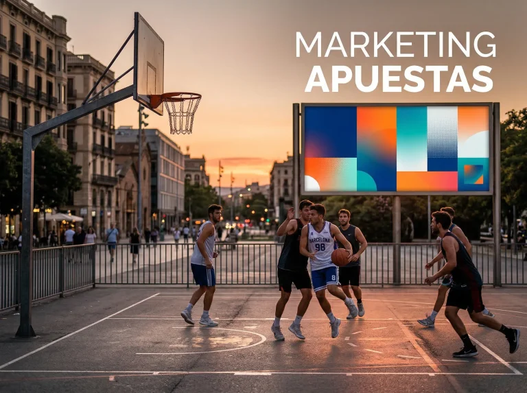 Valla publicitaria de apuestas deportivas junto a un campo de baloncesto urbano en una ciudad española