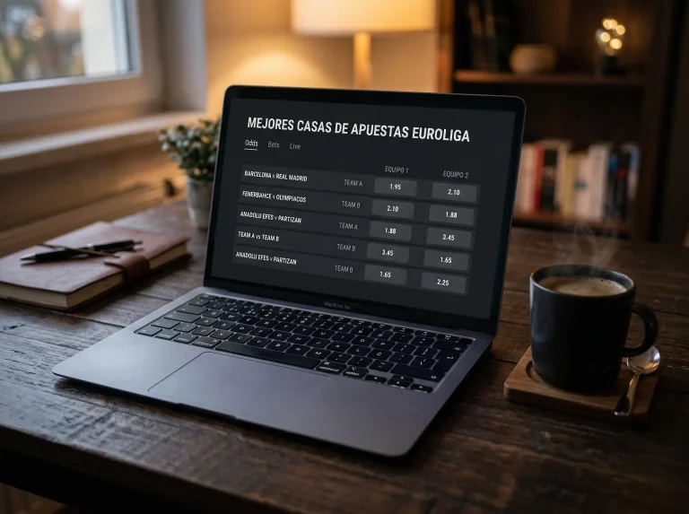 Pantalla de ordenador mostrando cuotas de baloncesto de la Euroliga en un escritorio con iluminación tenue