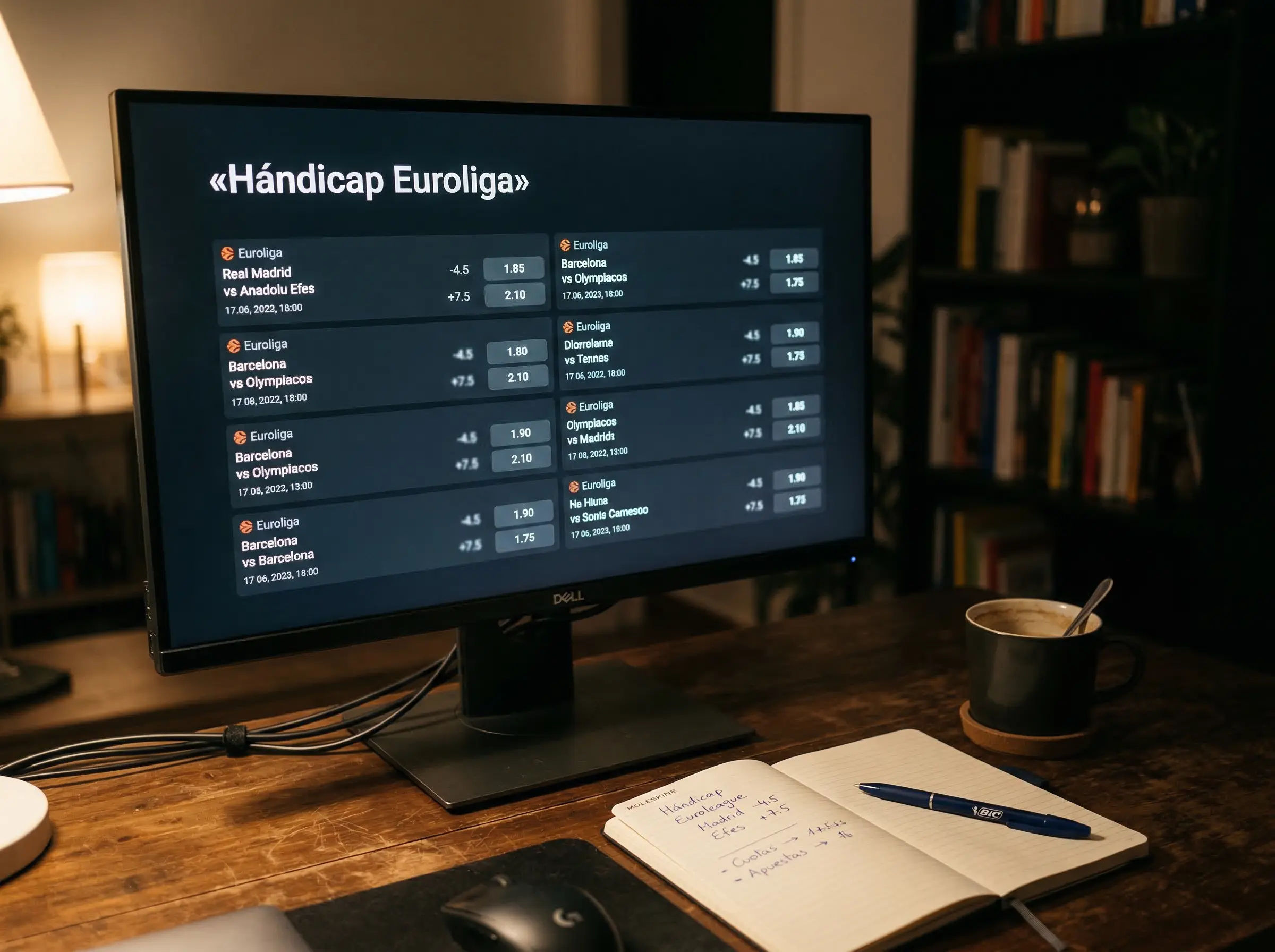 Pantalla de cuotas de apuestas de baloncesto mostrando lineas de handicap y totales de Euroliga
