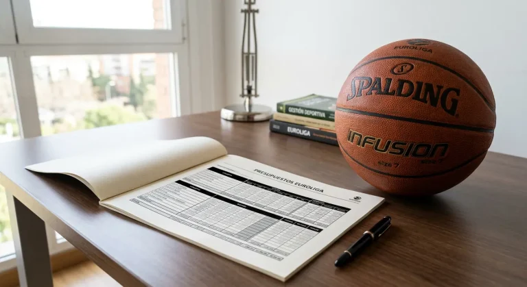 Documento con cifras financieras junto a una pelota de baloncesto en un despacho deportivo
