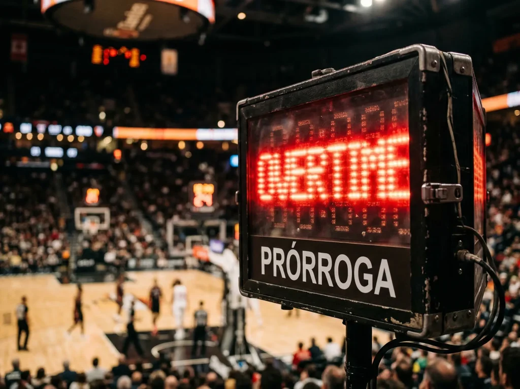 Reloj de partido de baloncesto marcando tiempo extra en un pabellón de Euroliga