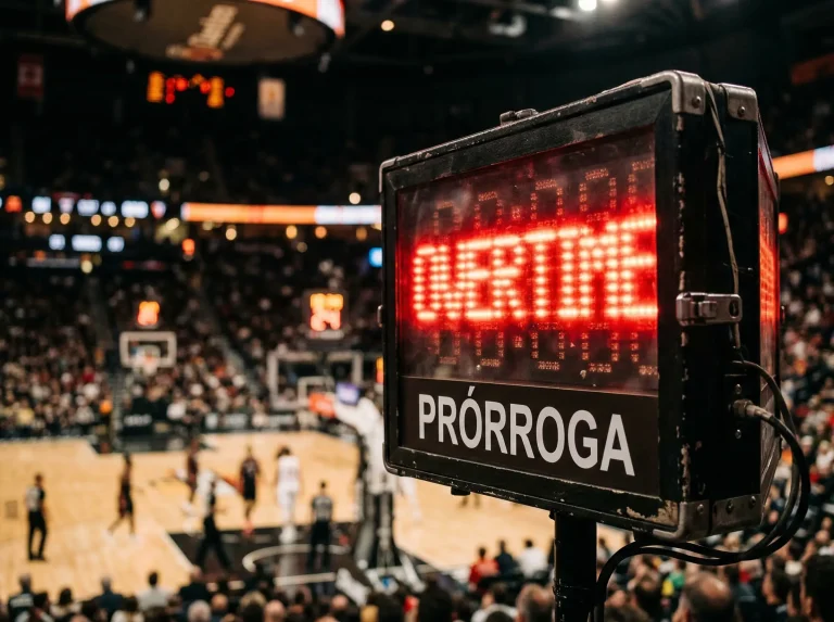 Reloj de partido de baloncesto marcando tiempo extra en un pabellón de Euroliga