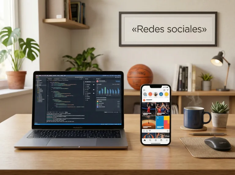 Smartphone mostrando publicaciones de redes sociales de baloncesto europeo junto a un portátil