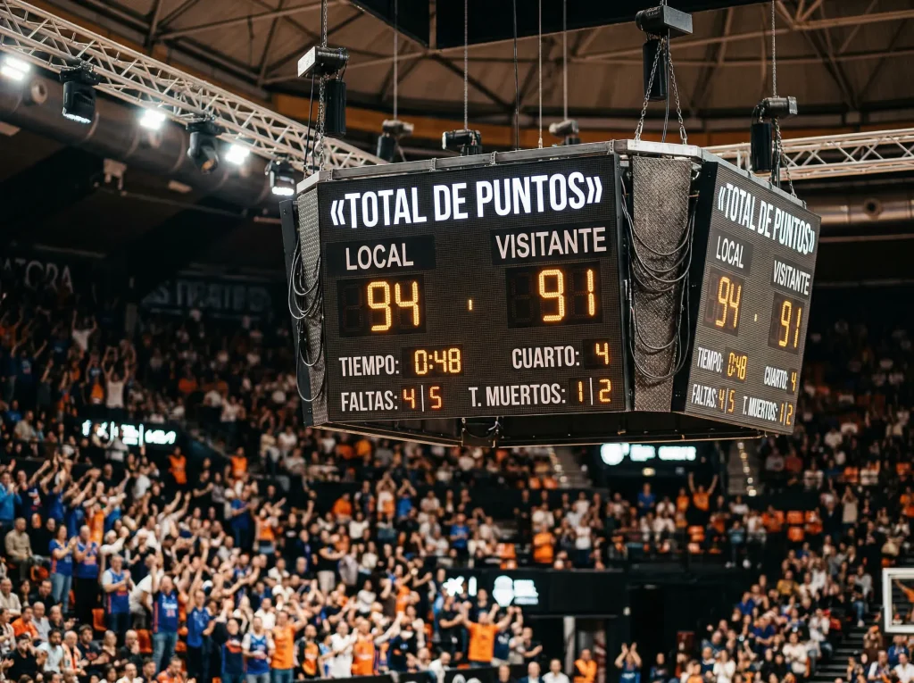 Marcador de baloncesto mostrando la puntuación de un partido de Euroliga en un pabellón